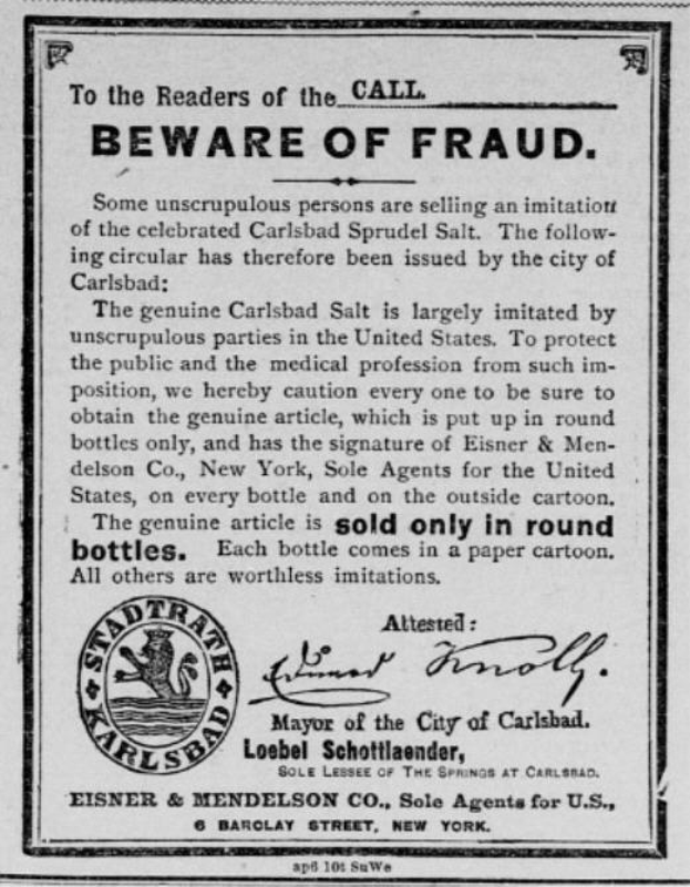 Schwarzes und weißes Plakat mit Betrugswarnung und dem Text "Carlsbad Spruud Salt" und einem dazugehörigen Logo.