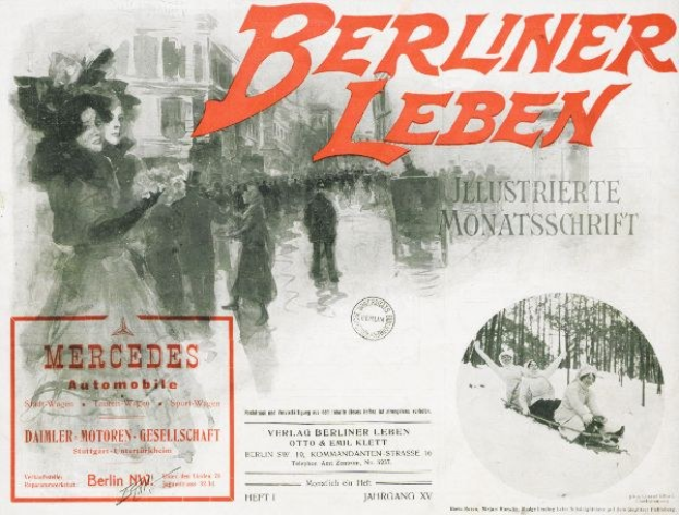 Anzeige für ein Mercedes-Benz-Fahrzeug in Berlin, Deutschland, das eine Gruppe von Menschen, Bäume, Gebäude, Text und einen Stempel zeigt.