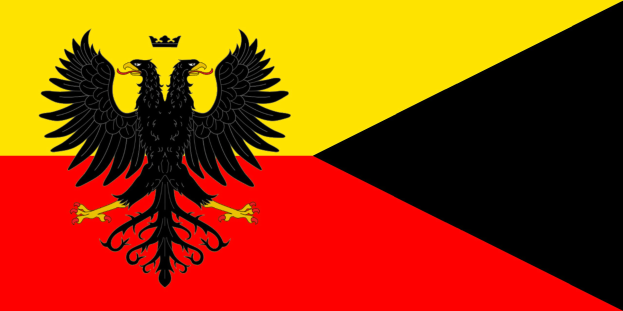 Deutsche Flagge mit drei waagerechten Streifen in Schwarz, Rot und Gold, die einen schwarzen Doppeladler in der Mitte mit ausgebreiteten Flügeln und erhobenem Haupt zeigen.