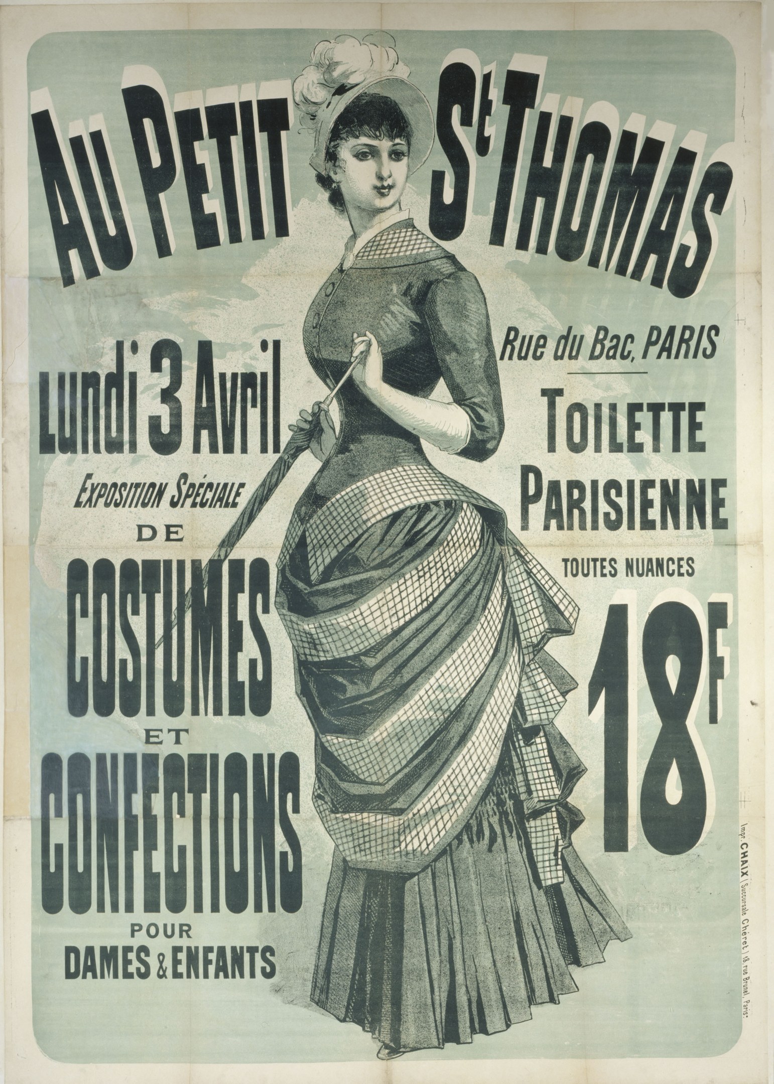 Ein Vintage-Plakat für eine Kostümvorstellung, das eine Frau in einem langen, hochgeschlossenen, langärmligen Kleid mit einem Dutt zeigt, die anmutig mit verschränkten Händen posiert.
