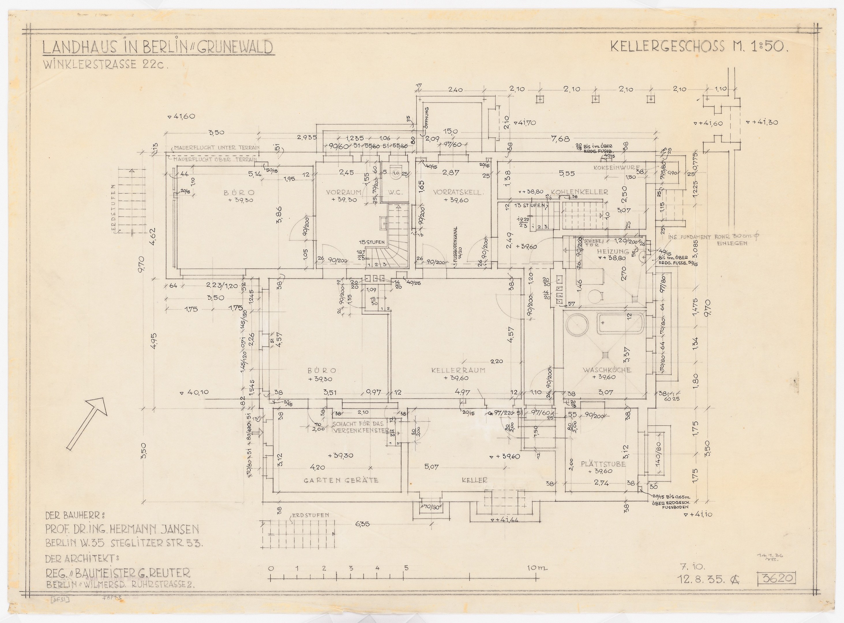 Blaupause eines Hauses mit der Bezeichnung "Landhaus in Berlin" auf Papier, wahrscheinlich ein architectural plan.
