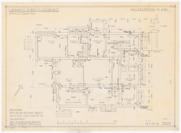 Blaupause eines Hauses mit der Bezeichnung "Landhaus in Berlin" auf Papier, wahrscheinlich ein architectural plan.