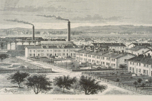 Schwarze und weiße Illustration einer futuristischen Stadt mit Gebäuden, Grünflächen, einer Brücke und rauchenden Schornsteinen, vor Hügeln und einer bewölkten Himmelslandschaft, mit der Aufschrift "Barclay, die Stadt der Zukunft" unten.