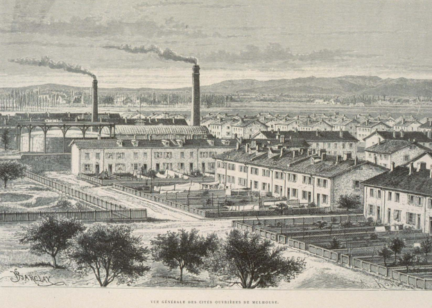 Schwarze und weiße Illustration einer futuristischen Stadt mit Gebäuden, Grünflächen, einer Brücke und rauchenden Schornsteinen, vor Hügeln und einer bewölkten Himmelslandschaft, mit der Aufschrift "Barclay, die Stadt der Zukunft" unten.