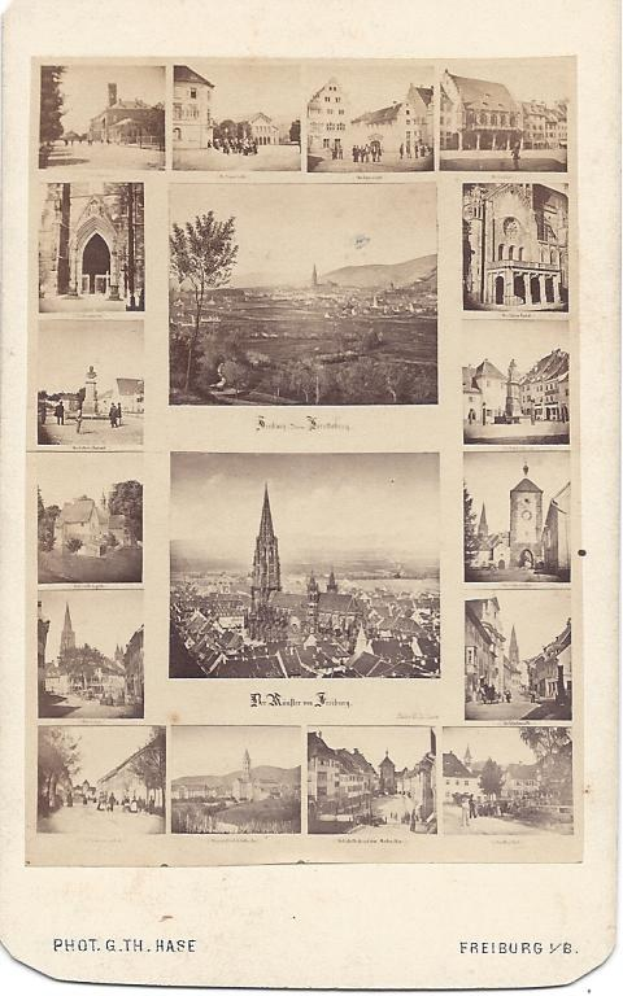 Altes Schwarz-Weiß-Foto von Freiburg, Deutschland, mit Gebäuden, Bäumen und Menschen mit Text 'Freiburg, Deutschland' unten.