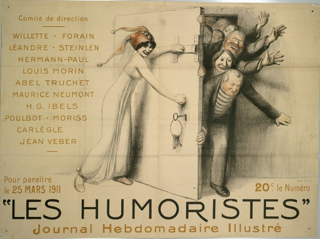 Plakat mit der Aufschrift "Les Humoristes Journal Hebdomadaire Illustré" an einer Gebäudewand, das eine lachende, fröhliche Gruppe von Menschen in leuchtenden Farben zeigt.