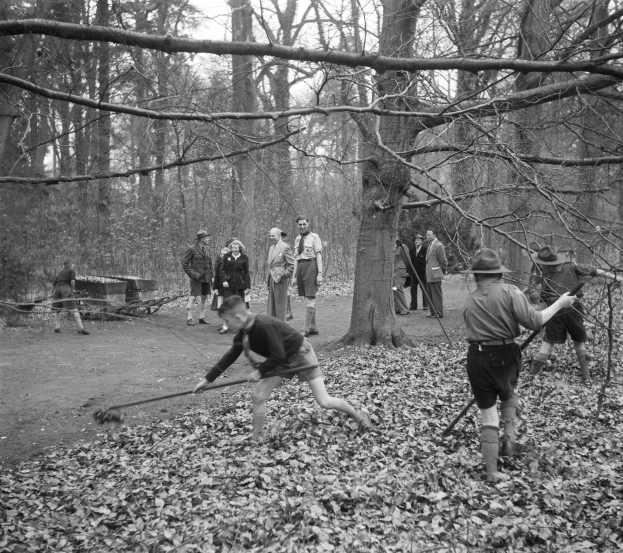 Schwarz-weißes Bild einer Gruppe von Menschen, die mit Stöcken in einem bewaldeten Gebiet mit abgefallenen Blättern spielen.