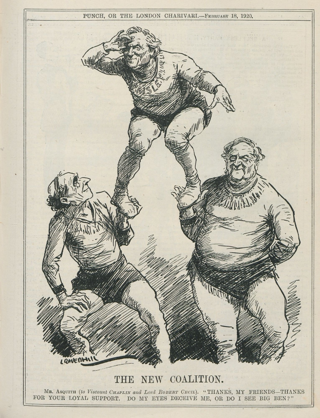 Ein politischer Cartoon aus dem Jahr 1920 mit dem Titel "Die neue Koalition" aus *Punch, or the London Charivari* zeigt drei besorgte Gestalten, wobei die mittlere Person die Arme schmerzerfüllt erhebt.