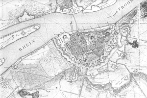 Eine Schwarz-Weiß-Karte der Stadt Rhein mit Straßen, Gebäuden und anderen Merkmalen, versehen mit Textanmerkungen.