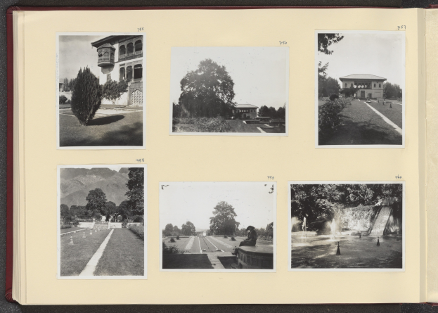 Ein Collage aus Schwarz-Weiß-Fotografien mit Bäumen in der Mitte, umgeben von Gebäuden und einem Brunnen.