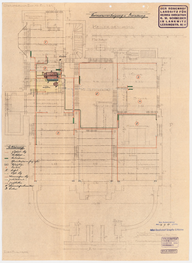 Schwarzes und weißes architektonisches Zeichnung von Rosenhof-Krankenhaus in Hamburg, Deutschland, zeigt detailliertes Layout mit zahlreichen Drähten und beschrifteten Räumen, Fluren und Merkmale auf altem Papier.