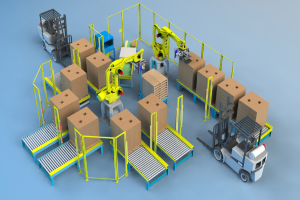 Eine Gruppe automatisierter Roboter, die auf Förderbändern in einem Lager arbeiten, umgeben von Kartonagen und Fahrzeugen.