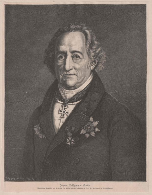 Schwarze und weiße Gravur von Johann Wolfgang von Goethe, einem deutschen Staatsmann, der eine Jacke mit Medaillen und Text an der Unterseite trägt.