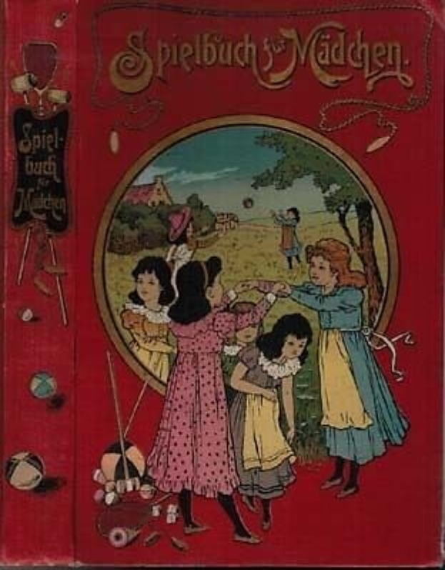 Ein rotes Buch mit dem Titel "Spielbuch von Mädchen", das ein Coverbild von Kindern zeigt, die in einem Feld mit Bäumen und einem Haus im Hintergrund spielen.