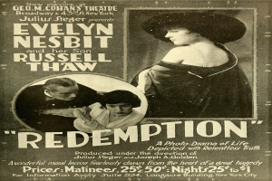 Alter Filmplakat mit dem Titel 'Rettung' mit Evelyn Nesbit und Russell Thaw, mit einem zentralen Bild einer Frau und umgeben von Text.