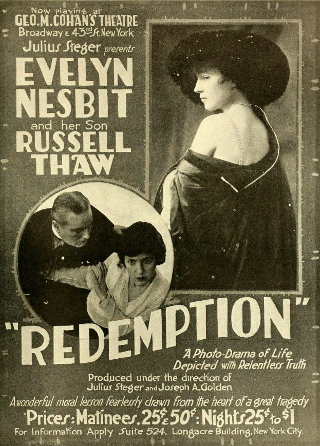 Alter Filmplakat mit dem Titel 'Rettung' mit Evelyn Nesbit und Russell Thaw, mit einem zentralen Bild einer Frau und umgeben von Text.