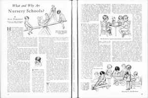 Ein aufgeschlagenes Buch mit einer Zeichnung von Kindern, die in einer Kita spielen, begleitet von Text, zusätzlichen Kinderillustrationen und einer Tabelle mit verschiedenen Gegenständen.