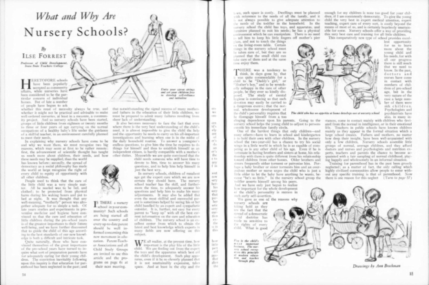 Ein aufgeschlagenes Buch mit einer Zeichnung von Kindern, die in einer Kita spielen, begleitet von Text, zusätzlichen Kinderillustrationen und einer Tabelle mit verschiedenen Gegenständen.