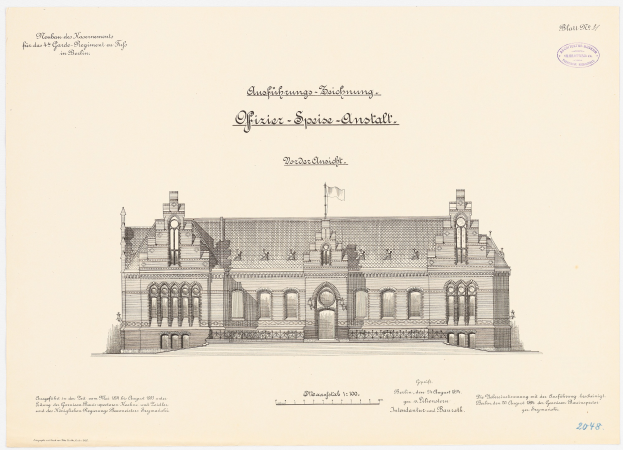 Zeichnung des Reichstagsgebäudes, des Hauptsaals des Deutschen Parlaments in Berlin, mit einer Fahne auf dem Dach und Text darunter.