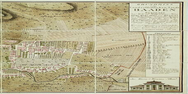 Ein detaillierter alter Stadtplan von Baden-Württemberg, Deutschland, der Straßen, Gebäude und Sehenswürdigkeiten zeigt, mit einem Gebäude in der rechten unteren Ecke und Text, der die Stadtinformationen bereitstellt.
