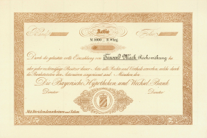 Altes Aktienzertifikat mit goldenem Rand mit einem Porträt eines Mannes, wahrscheinlich eine Anleihe, mit gedrucktem Text.