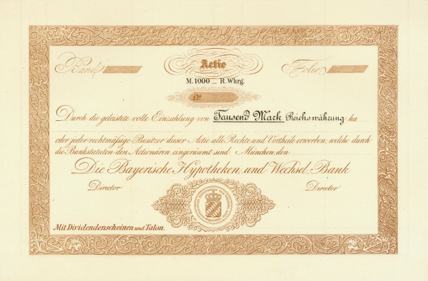 Altes Aktienzertifikat mit goldenem Rand mit einem Porträt eines Mannes, wahrscheinlich eine Anleihe, mit gedrucktem Text.