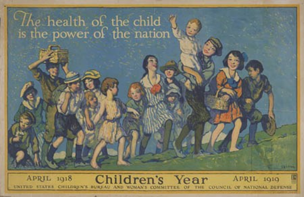 Plakat mit Kindern, die Körbe halten und der Text "Die Gesundheit des Kindes ist die Macht der Nation" betont die Gesundheit von Kindern und die nationale Stärke.