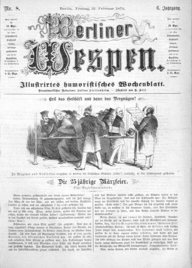 Schwarz-weißes Bild einer Berliner Wespen-Zeitung vom 21. Februar 1873, das eine Gruppe von Menschen in traditioneller deutscher Kleidung bei einem Gespr├Ąch zeigt.