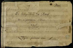 Ein altes, teilweise unleserliches Dokument des Todes mit Musiknoten, vor einem schwarzen Hintergrund.