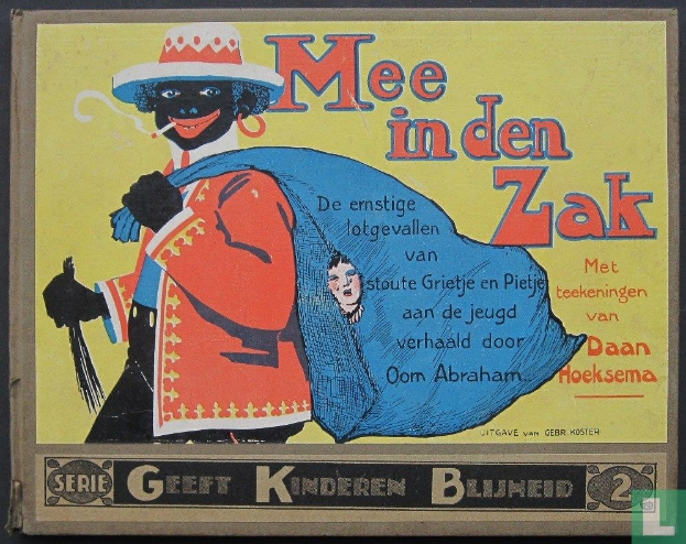 Plakat auf einer schwarzen Oberfläche mit dem Text "mee in den zak" und einem Bild einer Person in einem weißen Hemd und blauer Mütze, die verschmitzt aussieht.