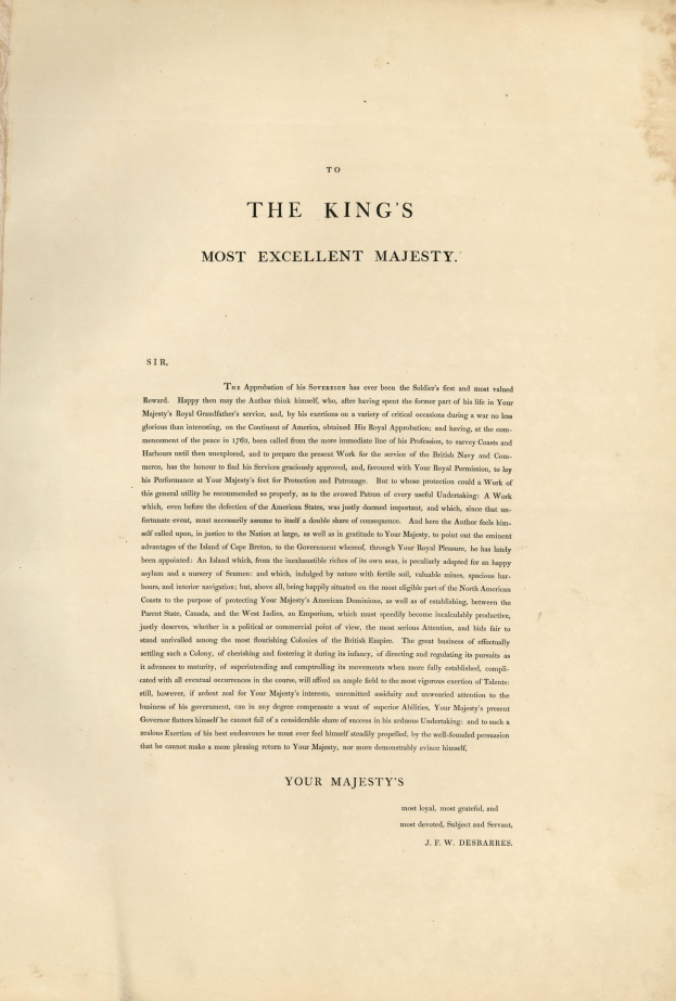 Offenes Buch mit der Aufschrift 'To the King's Most Excellent Majesty' in fetter schwarzer Schrift auf einem weißen Hintergrund, eingerahmt von einem goldenen Rand.