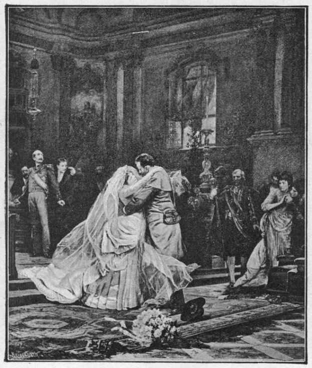 Ein Schwarz-Weiß-Foto eines Brautpaares, das sich leidenschaftlich umarmt und küsst, vor einer Menge, mit einem Blumenstrauß auf dem Boden und einer Wand mit einem Fenster im Hintergrund.