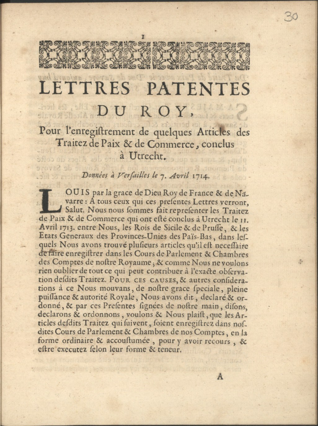 Offenes Buch mit dem Titel "Letters Patentes du Roy" mit fetter Schrift und einem detaillierten Design auf einer Innenseite.