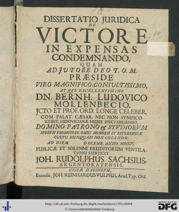 Offenes Buch mit dem Titel "Dissertation Juridica de Victore in Expensas Condemando" und sichtbarem Text, der auf rechtliche Gerichtsunterlagen hinweist.