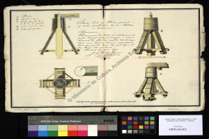 Ein Buchumschlag mit einer Teleskop-Illustration, Text und Farbproben, vor einem dunklen Hintergrund.
