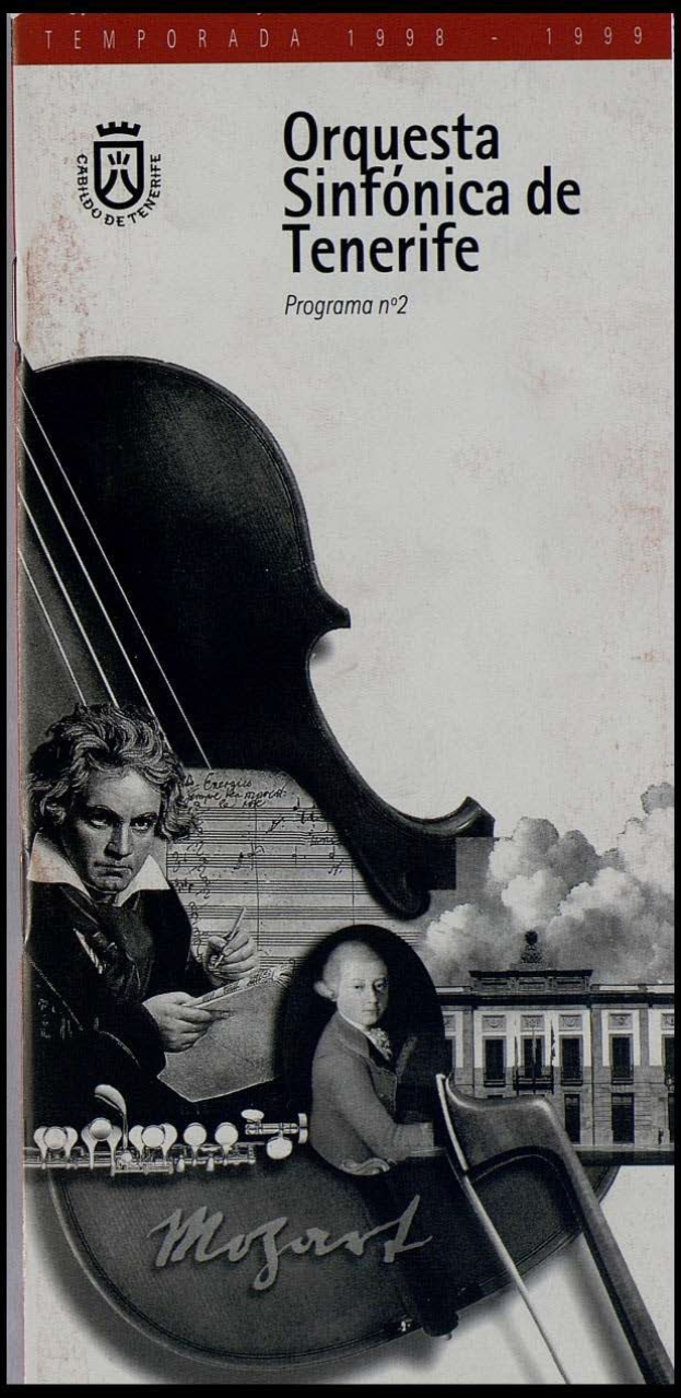 Plakat für das zweite Programm des Symphonieorchesters Teneriffa, das Mozarts Symphonie Nr. 2 in D-Moll, Op. 63, mit zwei Geigerinnen im Vordergrund und einem Gebäude im Hintergrund zeigt.
