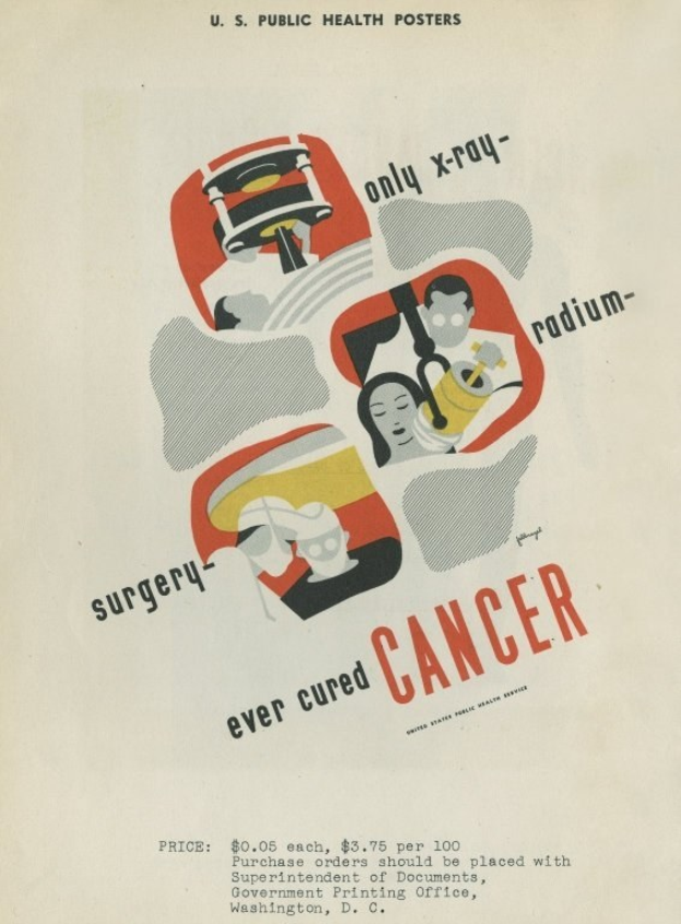 Plakat mit einem Mann in Anzug und weißer Laborkittel mit Stethoskop, entschlossen aussehend, vor einem hellrosa Hintergrund mit großer weißer Schrift "Chirurgie Hat jemals Krebs Geheilt."