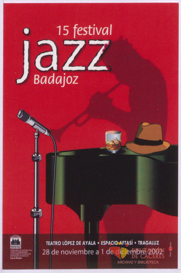 Plakat zum 15. Festival Jazz Badajoz mit Mikrofon, Hut und Glas auf einem Tisch mit Text, der Festival-Informationen enthält.