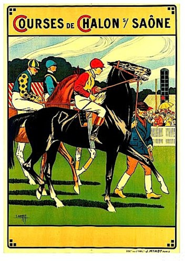 Plakat, das ein Pferderennen mit Jockeys auf Pferden zeigt, umgeben von Zuschauern hinter einem Zaun, Bäumen und einem bewölkten Himmel, mit Text, der die Rennstrecken beschreibt.