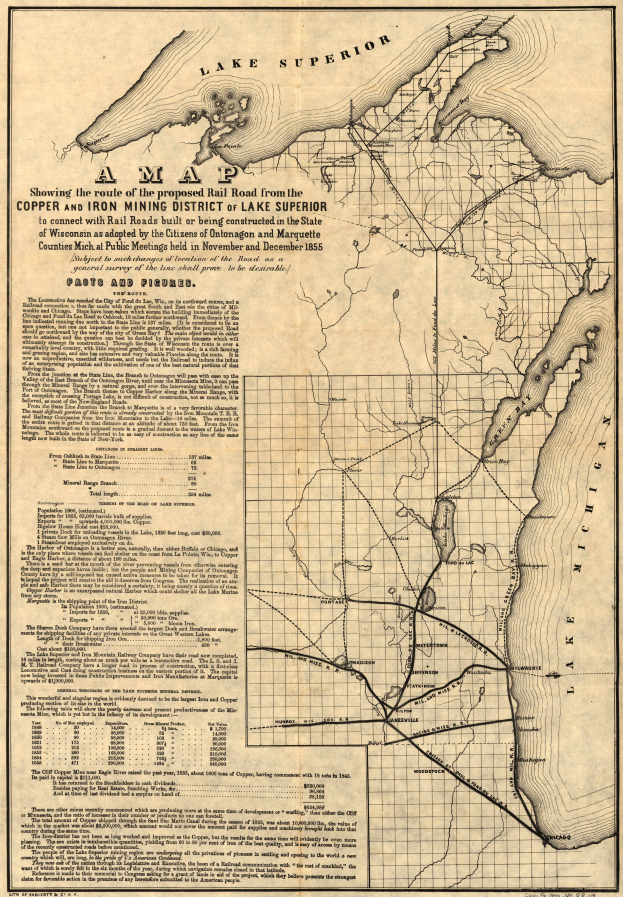 Eine alte Karte der Vereinigten Staaten, die das Kupfer- und Eisenabbaugebiet des Lake Superior hervorhebt, mit detaillierten Straßen, Flüssen und geografischen Merkmalen sowie Texten, die Informationen über Städte, Ortschaften und Gewässer liefern.
