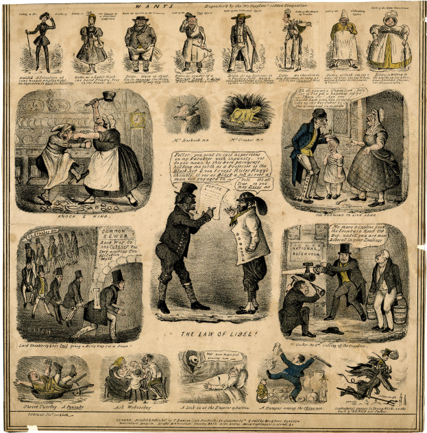 Ein altes Buch mit einer Karikatur eines Mannes in Zylinder und einer Frau in einem Kleid, beide besorgt, mit der Aufschrift "Das Gesetz der Freiheit" in fetter schwarzer Schrift auf einem tiefblauen Hintergrund.