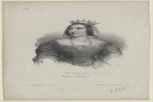 Porträt der Queen Elizabeth I. von England in einem Kleid und einer Krone mit Text unten.