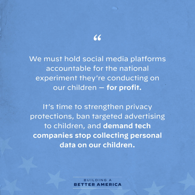 Plakat mit einem Zitat aus "Building a Better America", das soziale Medienplattformen für Experimente an Kindern kritisiert, dekoriert mit Sternen.