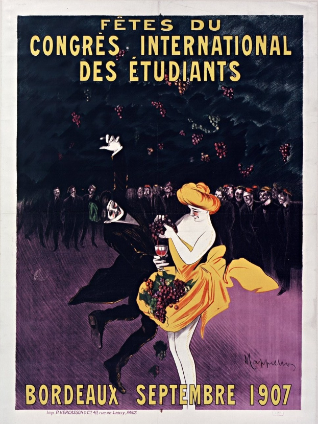 Plakat aus dem Jahr 1907, das ein Weinprobe-Event in Bordeaux, Frankreich, ankündigt, mit einer Frau in einem gelben Kleid, die ein Weinglas hält, umgeben von einer Gruppe von Menschen.
