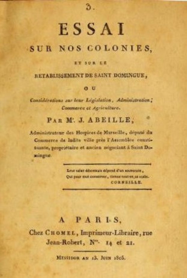 Deckblatt eines alten Buches mit dem Titel "Essai sur nos Colonies, et sur l'Établissement de Saint Dominique", wahrscheinlich eine Sammlung von Essays zur französischen Kolonialgeschichte und -kultur.