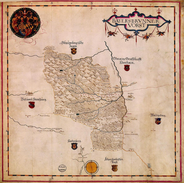 Eine 15. Jahrhundert-Karte von Bayern, die Flüsse, Berge, Städte und begleitenden Text und Logos zeigt.