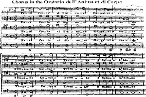 Ein schwarz-weißes Notenblatt mit dem Titel "Chorus im Oratorio dell'Anima et di Corpo" mit verschiedenen Noten und Symbolen.