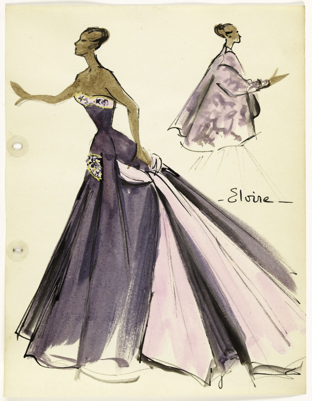 Skizze einer Frau in einem langen lila Elie Saab-Kleid mit hohem Kragen, langen Ärmeln und detaillierter Verzierung, mit einem Dutt, auf einem Blatt Papier mit handgeschriebener Text.