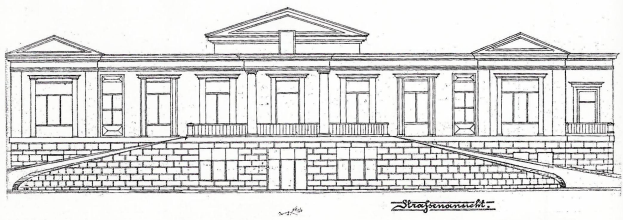 Eine Schwarz-Weiß-Architekturzeichnung des ursprünglichen Plans für die St. Louis Public Library, die ein mehrstöckiges Gebäude mit zahlreichen Fenstern und begleitenden Text zeigt.