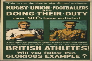 Plakat mit zwei Rugbyspielern in Uniform mit Text über britische Athleten, die sich melden und ihre Pflichten.